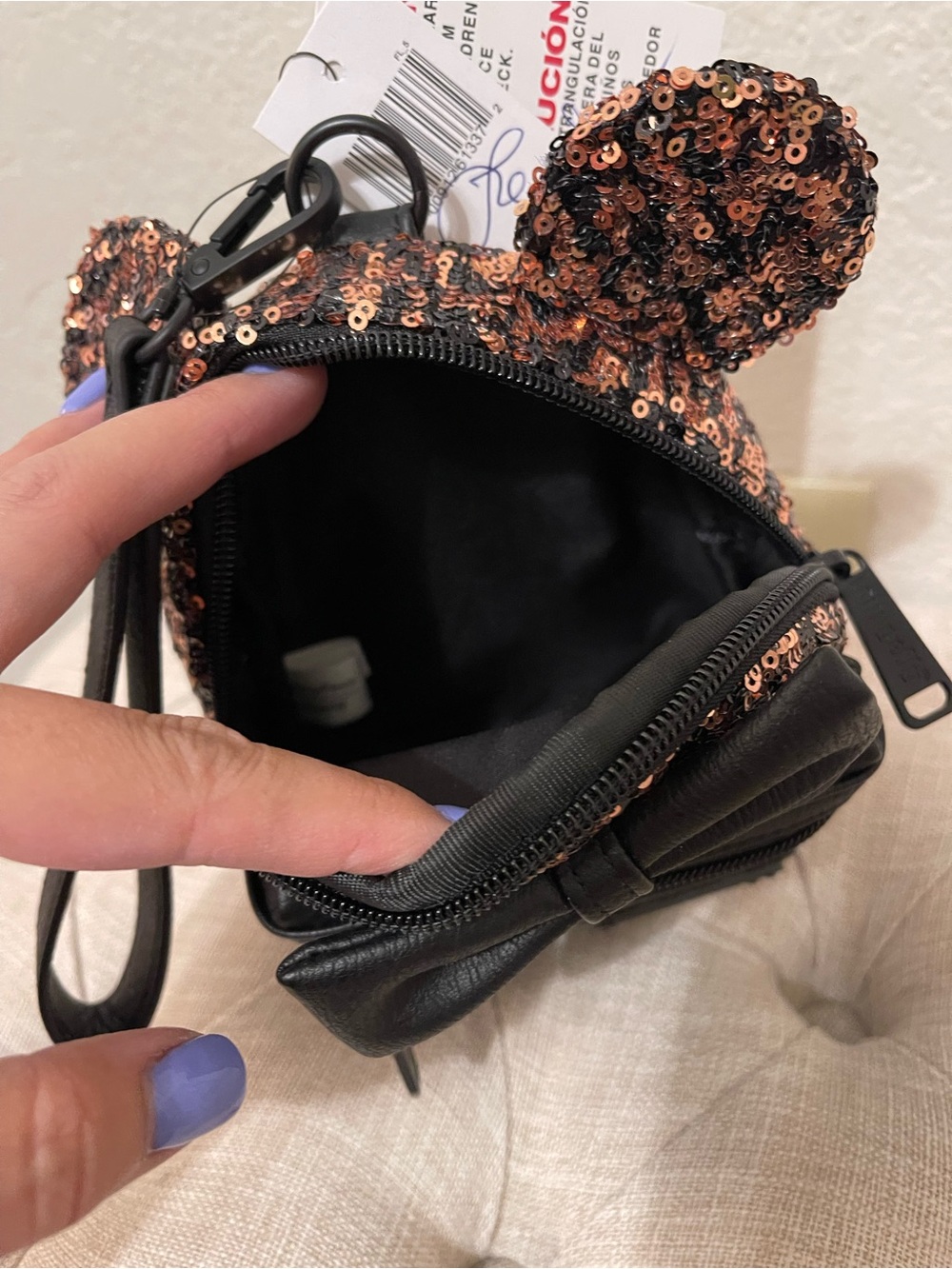 Sequin Mini Loungefly Bow Wristlet Bag - Black and Rose Gold - Picture 3 of 4